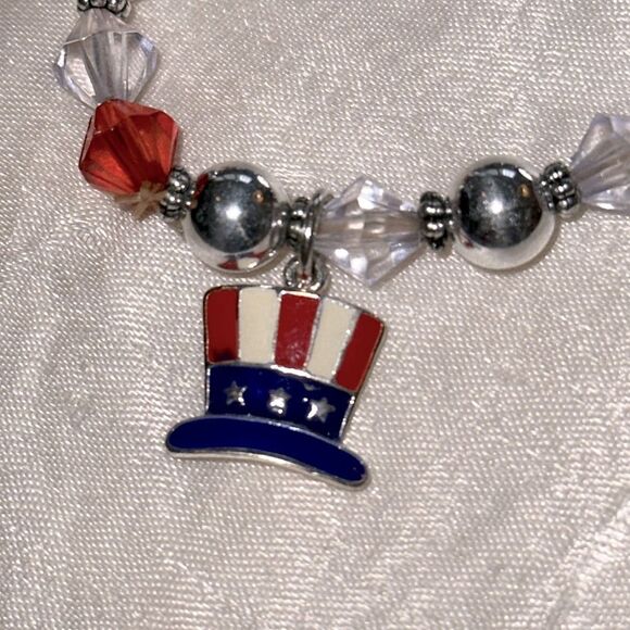 Red, White, Blue & Silver Patriotic Charm Stretch Beaded Bracelet - Picture 7 of 7
